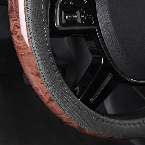 CAR PASS Wood Grain Microfiber Leather Steering Wheel Cover, Universal Fit for 14 1/2-15 inch Gray Steering Wheel, Anti-Slip Veins Design,Cars, Suvs,Minivans, Sedans (Gray) - color: gray