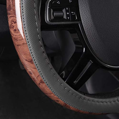 CAR PASS Wood Grain Microfiber Leather Steering Wheel Cover, Universal Fit for 14 1/2-15 inch Gray Steering Wheel, Anti-Slip Veins Design,Cars, Suvs,Minivans, Sedans (Gray) - color: gray