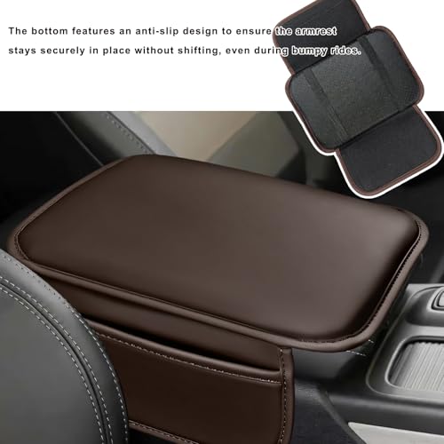 Car Center Console Cover, Comfortable Leather Auto Arm Rest Pad with 2 Storage Bags, Universal Waterproof Armrest Cushion Mat Middle Console Cover for Most Vehicles (Brown)
