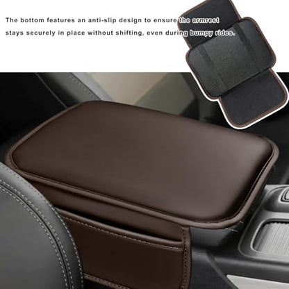 Car Center Console Cover, Comfortable Leather Auto Arm Rest Pad with 2 Storage Bags, Universal Waterproof Armrest Cushion Mat Middle Console Cover for Most Vehicles (Brown)