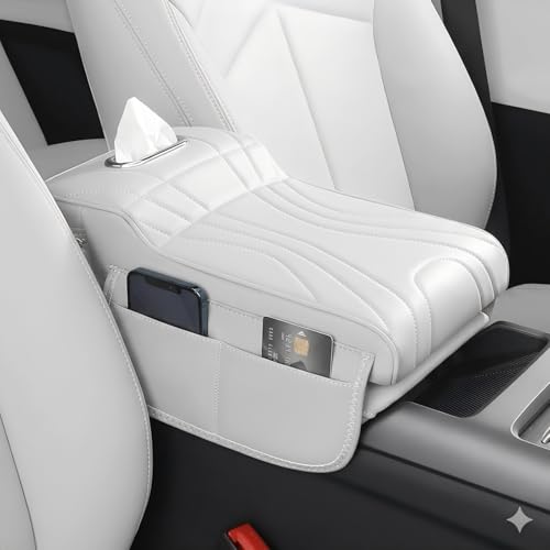 Car Center Console Cover with Tissue Box Holder, Foam Auto Armrest Cushion Pad with Side Storage Pockets, Multifunctional Waterproof PVC Leather Car Armrest Box Mat, Universal Fit, White - color: White-2