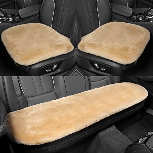 IRIWOOL Genuine Sheepskin Auto Seat Pad,Soft Wool Seat Cover Breathable and Sweat-Wicking Comfort Warm Universal Fit (Front seat Cushion 2pcs & Rear seat Cushion 1pc, Khaki) - color: Khaki, size: 3 Piece Set