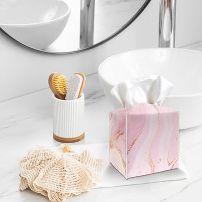 Tissue Box Cover Holder - Pink Gold Marble PU Leather Tissue Box Cover with Bottom Belt, Stylish Square Facial Paper Dispenser for Tabletop, Bathroom, Kitchen, Car & Office -036 - color: Pink Gold Marble
