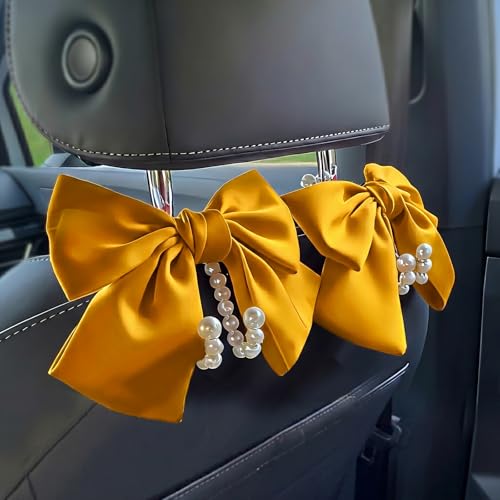2 PCS Bow Pearl Car Seat Headrest Hook – Cute Purse Hook for Car, Girly Interior Decoration Accessories Hook Hanger, Seatback Holder for Purses & Bags, Elegant Car Organizer (Golden) - color: Gold
