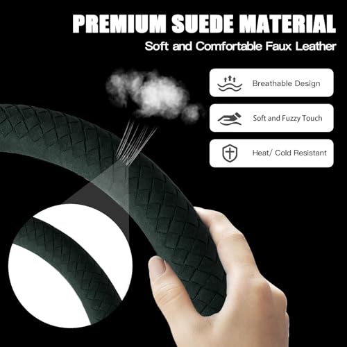 Suede Steering Wheel Cover with Upgraded Silicone Inner Ring, Breathable, Anti-Slip, Leather Universal 14.5 to 15 Inch Steering Wheel Cover (Green with Handwoven Craft) - style: Green with Handwoven Craft