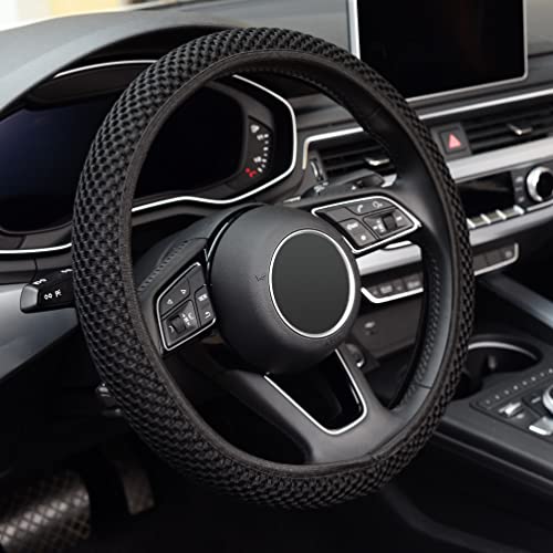KAFEEK Elastic Stretch Steering Wheel Cover,Warm in Winter and Cool in Summer, Universal 15 inch, Microfiber Breathable Ice Silk, Anti-Slip, Odorless, Easy Carry,Black - color: black