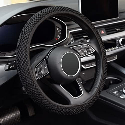KAFEEK Elastic Stretch Steering Wheel Cover,Warm in Winter and Cool in Summer, Universal 15 inch, Microfiber Breathable Ice Silk, Anti-Slip, Odorless, Easy Carry,Black - color: black