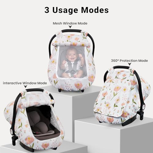 Elstey Car Seat Cover Baby, Minky Dot Carseat Covers Baby Boys Girls, Lightweight Infant Car Seat Cover Canopy with 2 Layers Breathable Mesh Windows, Stroller Carrier for Babies Newborn Essentials - color: Pink Flowers