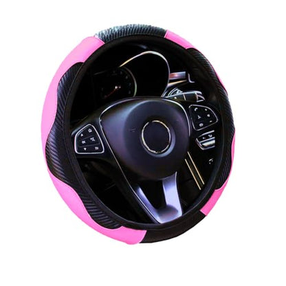 Ultra Fine Carbon Fiber Leather Steering Wheel Cover, Anti Slip and Sun Protective Protect the Steering Wheel, Easy to Install,Universal of 14.5"-15" (Pink) - color: Pink