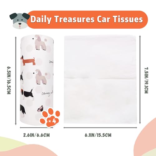 4 Pack Car Tissue Box with Facial Tissues,Cute Round Tissue Boxes for Car,Puppy Car Tissue Holder,Refill Cylinder Tissues for Car Holder Travel Bathroom(Dog)