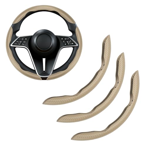 Carbon Fiber Steering Wheel Cover, 3-Piece Set Anti-Skid Comfortable Grip Segmented Butterfly Design, Easy Snap-On Installation Universal Fit 99% Cars, Beige