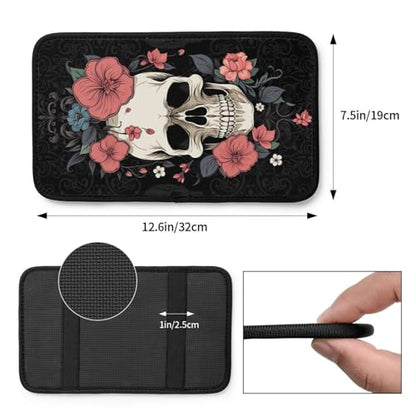 Universal Car Center Console Cushion Pad, Red Flower Skull Soft Waterproof Car Center Console Cover Auto Armrest Seat Box Cover Protector for Most Vehicle SUV Truck Car - color: Red Flower Skull