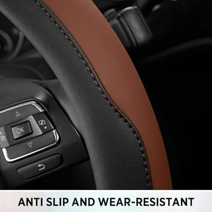 Road Comforts Steering Wheel Cover, Breathable Anti-Slip Leather Steering Wheel Cover, Universal Fit 14.5–15 Inch, Comfortable Grip - Brown Color