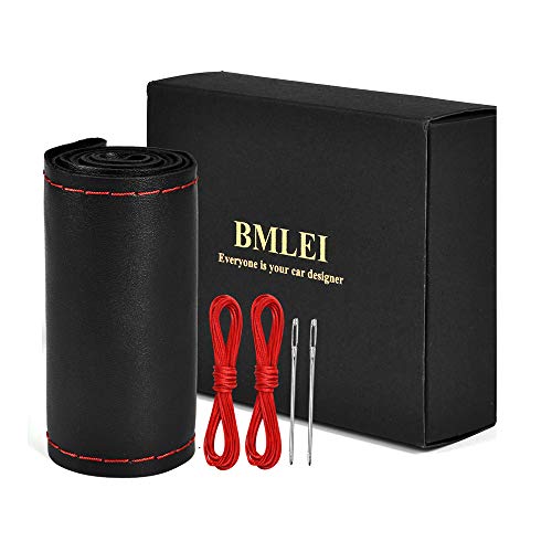Steering Wheel Cover with Top Layer Genuine Leather and Anti-Slip Design, Soft Padding, Breathable, Universal 15 Inch Stitch on Wrap - color: red and black