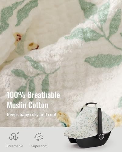 Blissful Diary Baby Car Seat Cover, Extra Large Mesh Window, Breathable Muslin Cotton, Infant Windproof Canopy, Must-Have Baby Gift - Botanical Leaf - color: Botanical Leaf
