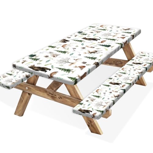 Picnic Table Cover with Bench Covers, Camping Essentials, Funny Rustic Woodland Animals Dear Beer Fox Table Cover Waterproof Fitted Tablecloth Cover with Elastic Edge for Outdoor 3 PCS 30x72 Inch - color: Dear Beer Fox, size: 30" x 72"