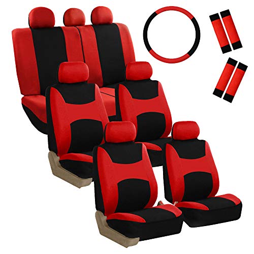 FH Group Light & Breezy Cloth Car Seat Covers, 7 Seater Three Row Set- Airbag & Split Ready -Universal for Cars Trucks and SUVs (Red/Black) - color: Red