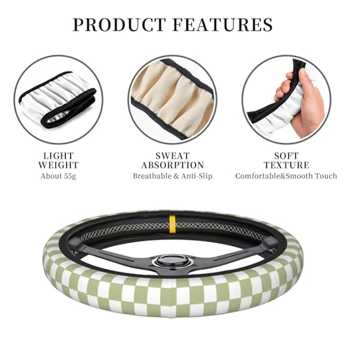 Green White Checkered Car Steering Wheel Cover - color: Green White Checkered Buffalo Plaid