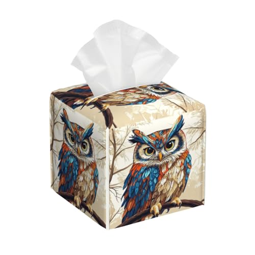 Cute Owl Tissue Box Cover Square, Waterproof Leather Tissue Box Holder Portable Dispenser Modern Home Decoration for Bathroom Car Nightstand Vanity - color: Cute Owl