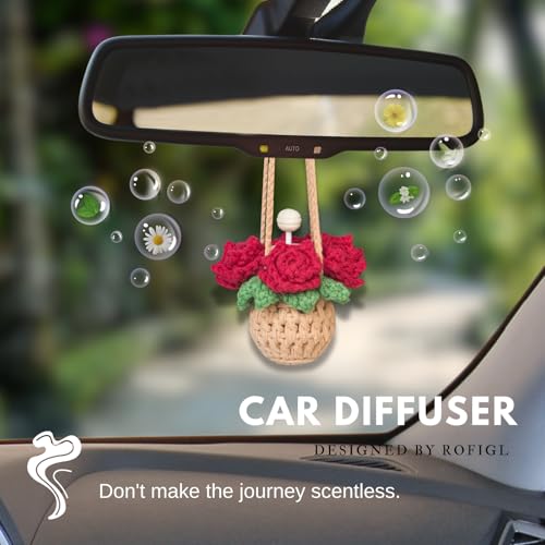 ROFIGL Handmade Crochet Hanging Car Air Freshener - Romantic Red Rose Design, 12ml Refillable Thick Glass Bottle, Car Diffuser for Rearview Mirror, Home & Office Romantic Decor - style: Rose
