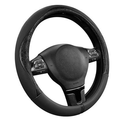 PIC AUTO Steering Wheel Cover, Black Patterned Leather Patchwork Design, Universal Fit 14.5"–15.5", Anti-Slip, Odor-Free, Soft PU Grain Leather, Durable Grip Car Accessory for Girls & Women