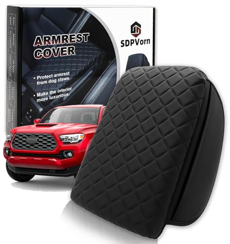 Armrest Cover for Toyota Tacoma Center Console Pad with Organizer Storage Pockets, Black Faux Leather Arm Rest Lid Protector Cushion Interior Accessories (2016-2023)