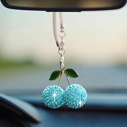 Bling Cherry Car Hanging Ornament, Cute Crystal Rear View Mirror Pendant, Sparkly Diamond Rearview Mirror Charms, Lucky Car Interior Decor Accessories (Blue) - color: Blue Cherry