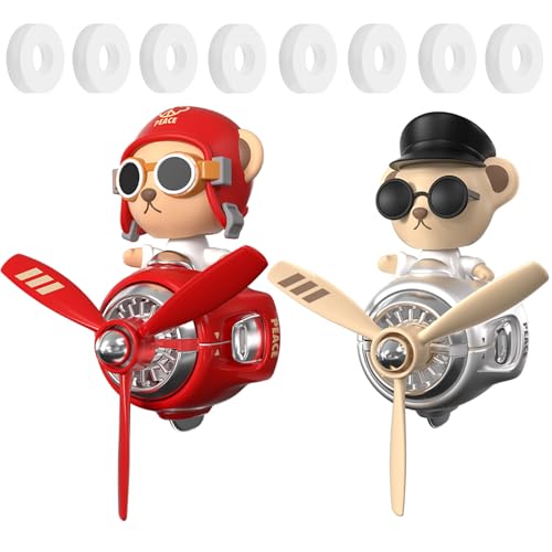 2Pcs Car Air Fresheners, Cute Bear Pilot Automotive Air Outlet Creative Car Perfume Diffuser, Automotive Accessories Air Vent Decoration with 8 Fragrant Tablets (Red 1+Silver 1) - color: Red 1+Silver 1