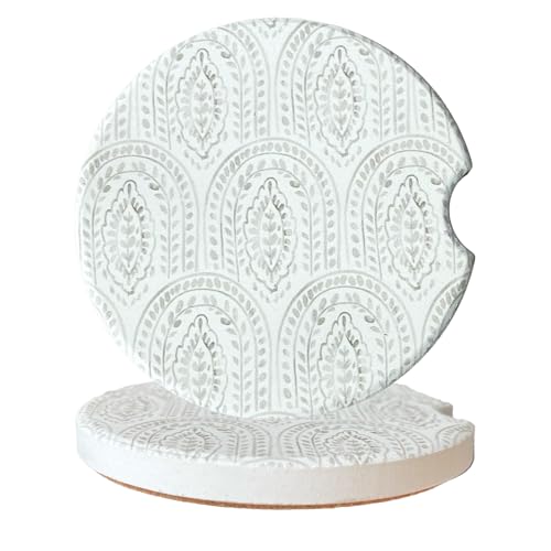 Beige Leaves Car Cup Holder Coasters 2 Pack Boho Absorbent Ceramic Cup Coaster with Cork Base 2.56 Inch Universal Fit for Car Interior Accessories