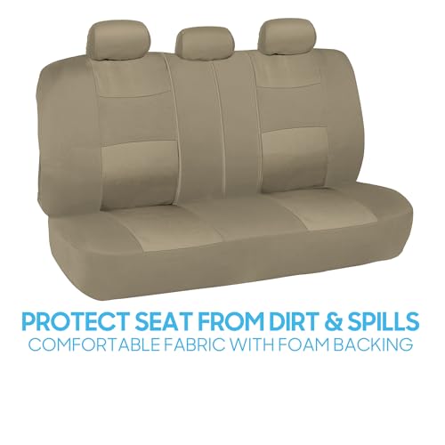 BDK OS-309-AB Tan Trim Black Car Seat Covers Full 9 Piece Set, Sleek & Stylish, Split Option Bench 5 Headrests Front & Rear Bench, Beige