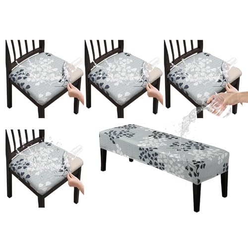 KRFOONN Waterproof Seat Covers for Dining Room Chairs Set of 4 with Bench Cover Washable Dining Chair Covers Removable Kitchen Chair Cushion Slipcovers Protector, A14 - color: Color A14