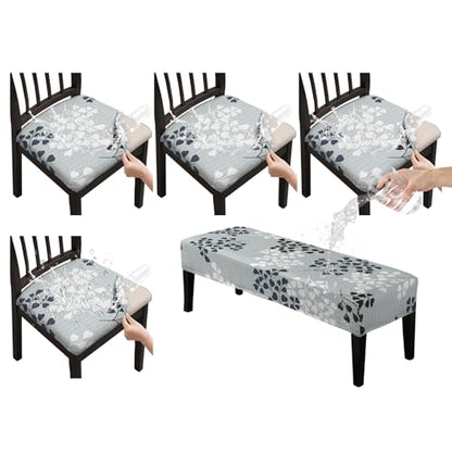 KRFOONN Waterproof Seat Covers for Dining Room Chairs Set of 4 with Bench Cover Washable Dining Chair Covers Removable Kitchen Chair Cushion Slipcovers Protector, A14 - color: Color A14