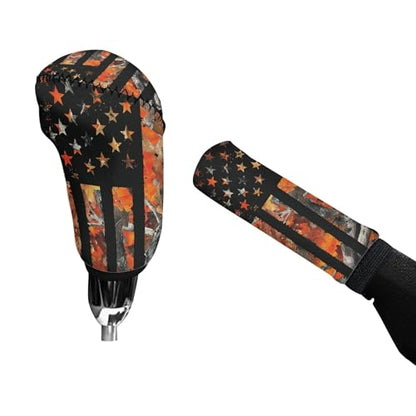 American Flag 2 Pcs Car Handbrake Cover and Gear Shift Protection Sets for Women Men Orange Camo Hunting Soft Stretchy Car Handbrake Protection and Gear Shift Knob Cover, Universal Fit - color: American Flag Orange Camo Hunting