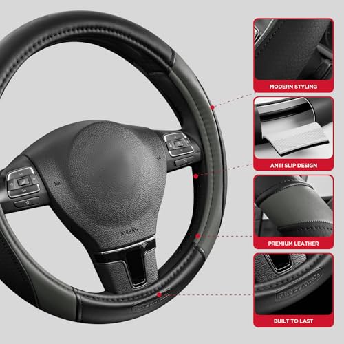 Rubbermaid Steering Wheel Cover – Universal Fit 14.5"–15" Steering Wheel Cover, Anti-Slip Grip, Breathable Leather, All-Season Protection, Interior Upgrade for Cars, Trucks, SUVs - Gray - color: Grey