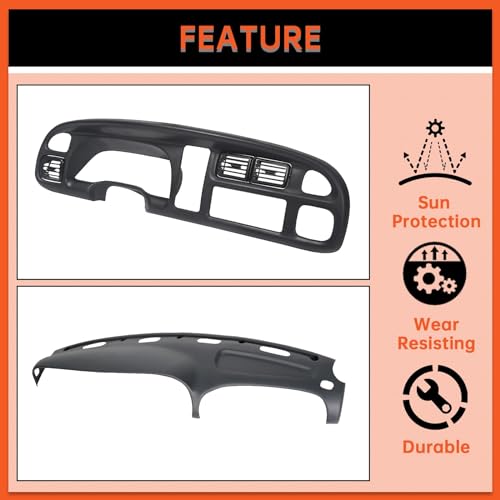 ECOTRIC Dash & Bezel Cover Compatible with 1998-2002 Dodge Ram 1500 2500 3500 Trucks Black Dashboard Bezel Replacement W/Vents & Grey Dash Cover (You Will Receive 2 Packages) - size: Dash Bezel W/ Vents & Dashboard Cover