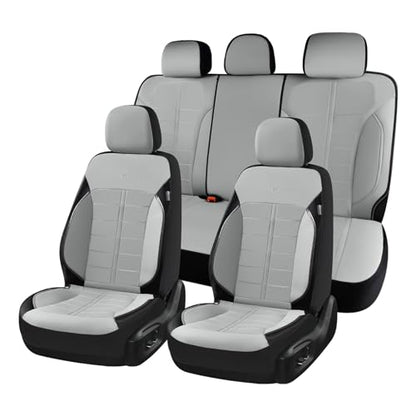 Coverado Full Set Leather Car Seat Covers, Crafted with Full Leather Construction and Carbon Fibre Weave Universal Fit for Most Cars SUV Trucks(Gray - color: Gray, size: FullSet