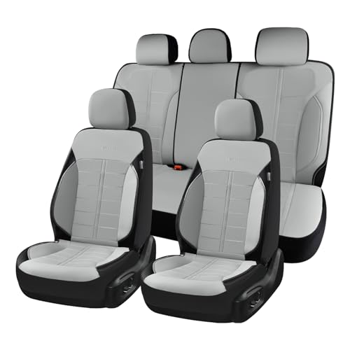 Coverado Full Set Leather Car Seat Covers, Crafted with Full Leather Construction and Carbon Fibre Weave Universal Fit for Most Cars SUV Trucks(Gray - color: Gray, size: FullSet
