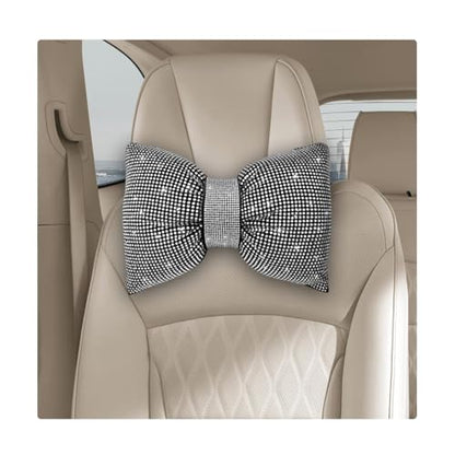Bling Car Seat Neck Pillow, Soft Bling Bowknot Headrest Neck Support Rest Cushion, Neck Relax Head Rest Auto Pillow with Crystal Rhinestone for Women, Car Accessories (White) - color: White