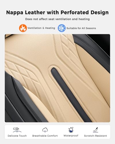 Huidasource Front Seat Covers, Universal Fit for Most Cars SUV Trucks, Full Coverage Nappa Leather Seat Cover, Airbag, Velcro Adjustable, Seat Function Retain, Black&Beige - color: FR: Black&Beige, size: Front