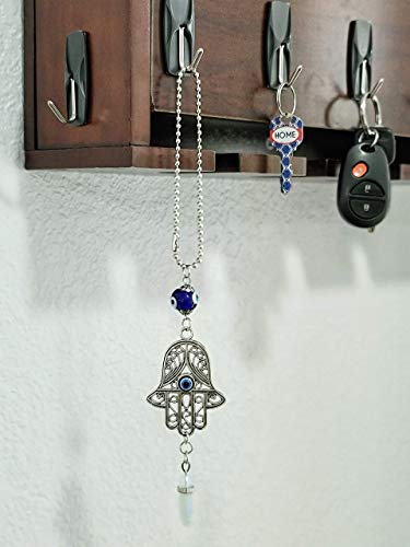 LUCKBOOSTIUM Hamsa Hand Evil Eye Amulet - Car Hanging Ornament, Rearview Mirror Charm, Gemstone Car Accessory for Protection, Good Fortune & Spiritual Energy (2"x11", Opal) - color: Opal