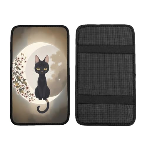 Universal Car Center Console Cushion Pad, Moon and Black Cat Soft Waterproof Car Center Console Cover Auto Armrest Seat Box Cover Protector for Most Vehicle SUV Truck Car - color: Moon And Black Cat