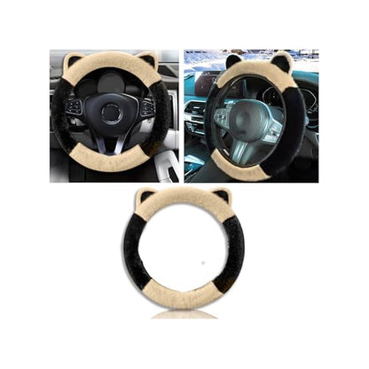 Car Steering Wheel Cover, Cute Steering Wheel Protector with Kitty Cat Ears,Fluffy Soft Plush for Winter Warm, Universal Fit 15 inches for Car,SUV, Elastic & Anti-Slip (Black/Beige) - color: Black/Beige