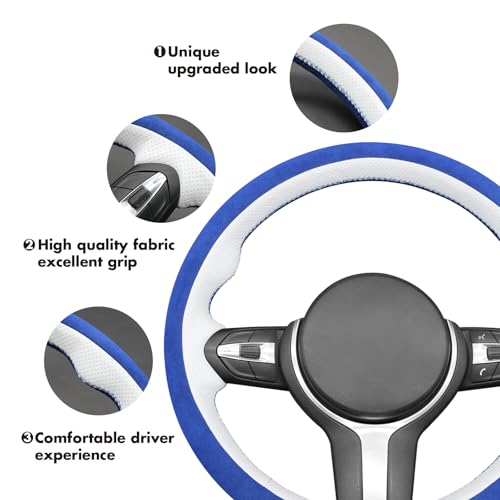 MEWANT Hand-Stitched Steering Wheel Cover for BMW (M Sport) F22 F23 F30 F34 F32 F33 F36 F10 F07 F12 F13 F06 F39 F25 F26 F15 F16, DIY Custom Fit Steering Wheel Wrap for BMW - color: 15:3D blue IT-ALCAN & white leather