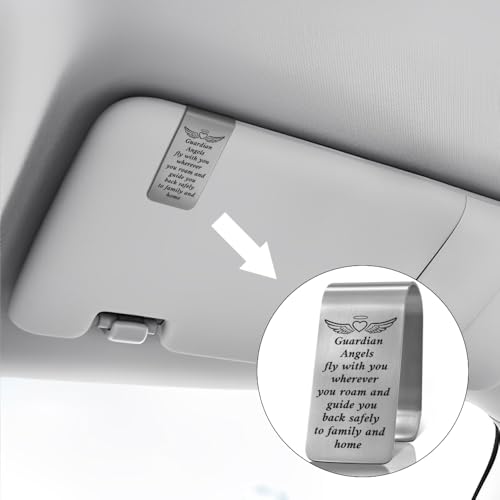 XQLZY Guardian Angels Fly with You Engraved Stainless Steel Car Visor Clip, New Driver Gifts, Inspirational Guardian Angel Visor Clip for Family Friend Driver, Teen Driver Sweet 16 Gifts