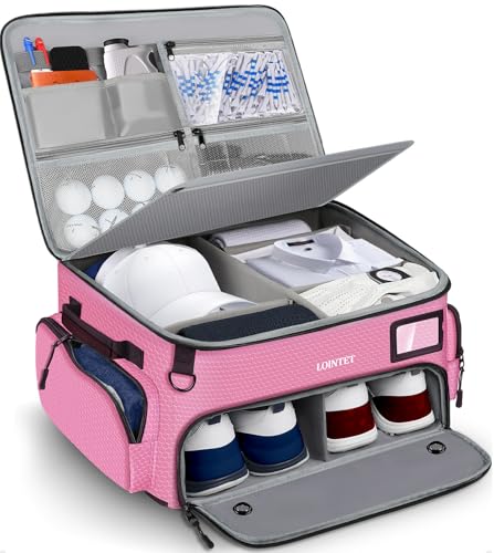 LOINTET Golf Trunk Organizer, Waterproof Car Golf Locker with Separate Ventilated Compartment for 2 Pair Shoes, Golf Storage for Balls, Tees, Cap, Clothes, Gloves, Accessories, Gifts for Men, Women - color: Pink