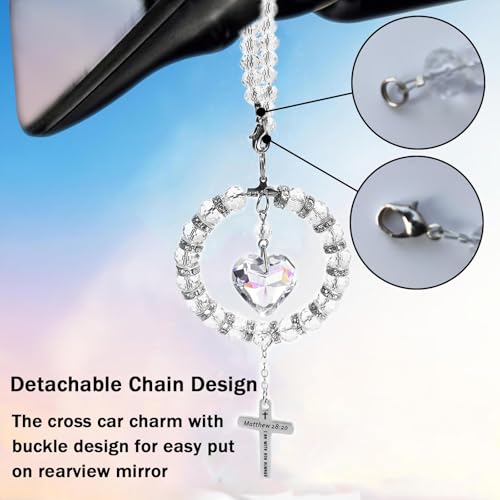 Bible Verse Car Rearview Hanging Cross, Bling Suncatcher Crystal Car Charm Mirror Hanger, 'I Am with You Always' Matthew 28:20, Christian Cross for Car Accessories Ornament Religious Gift for Women