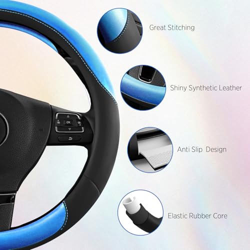 Road Comforts Steering Wheel Cover – Breathable Leather Steering Wheel Cover, Anti-Slip Grip, Universal Fit 14.5” to 15”, Heat & Cold Resistant for Cars, SUVs, and Trucks – Black & Metallic Blue - color: Black&Metallic Blue