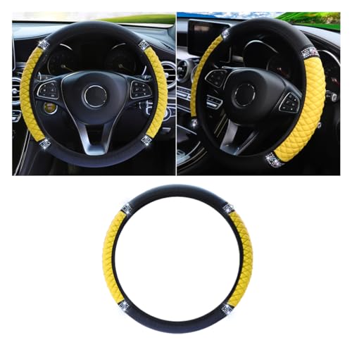 Bling Soft Leather Steering Wheel Cover, 15 Inch Colorful Rhinestones Auto Elastic Protector with Crystal Diamond for Women Girls, Car Accessories for Most Cars, SUVs (Yellow) - color: Yellow