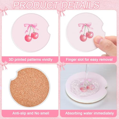 Boao 4 Pcs Car Cupholder Coasters for Valentine's Day, Ceramic Coasters 2.56'' Anti Slip Base with Finger Notch for Dry Clean, Car Interior Accessories, Birthday Gifts(Pink Bow) - style: Pink Bow