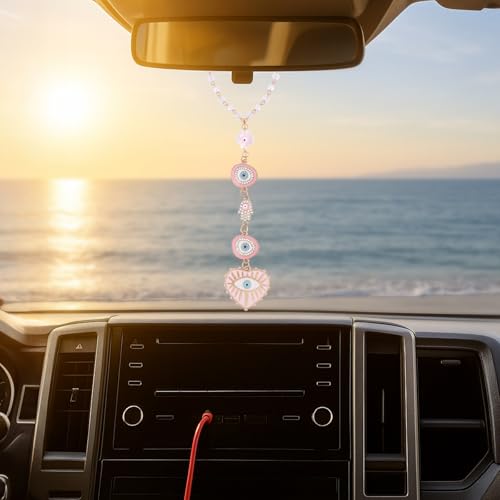 Pink Evil Eye Car Charm - Heart Evileye Rear View Mirror Hanging Ornament for Women, Suncatcher Car Accessory, Aesthetic Beaded Lanyards for Cars Window Balcony Decor - style: Pink Evil Eye